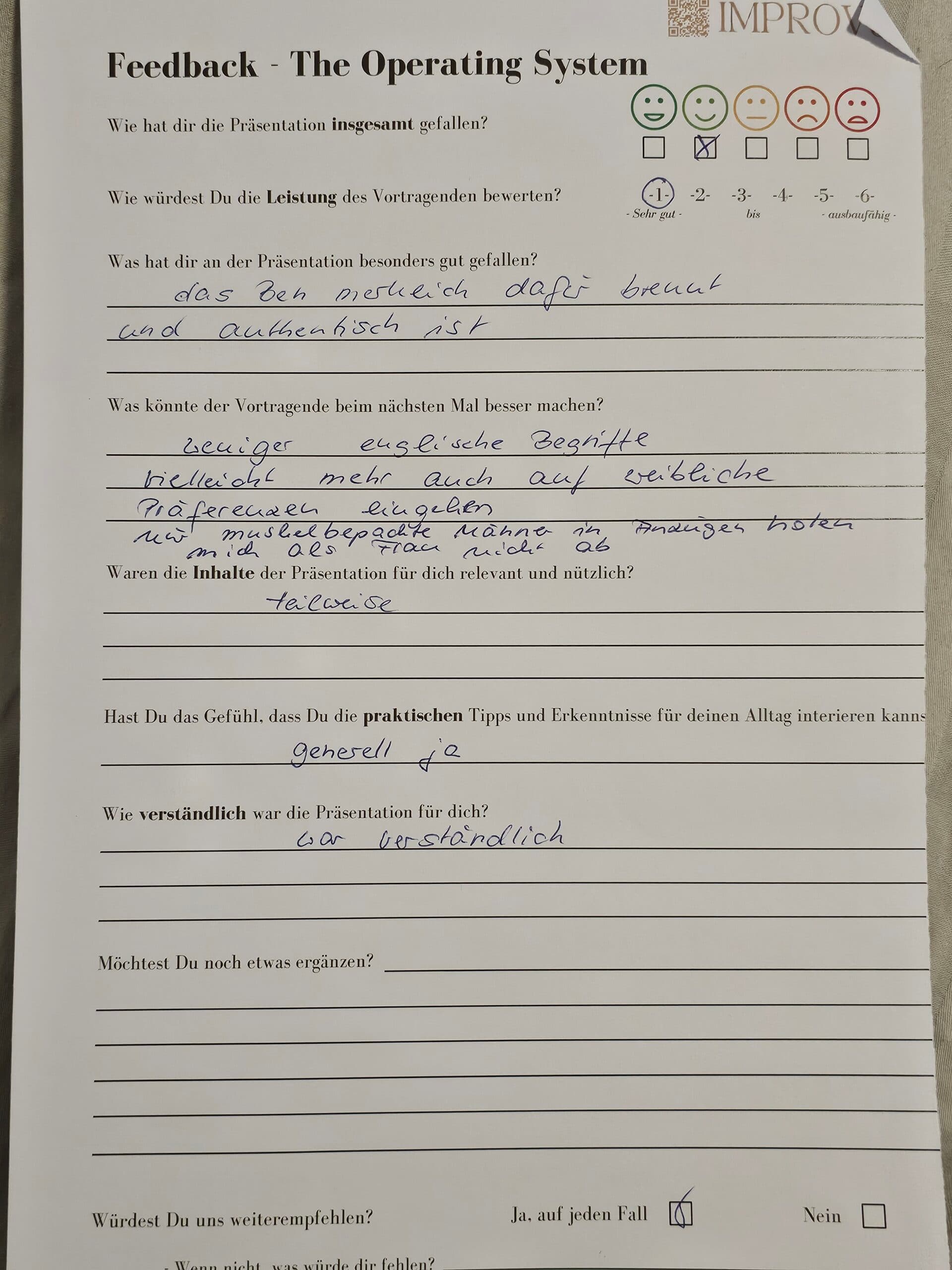 Handschriftlicher Feedback-Zettel aus einem Live-Seminar (1)