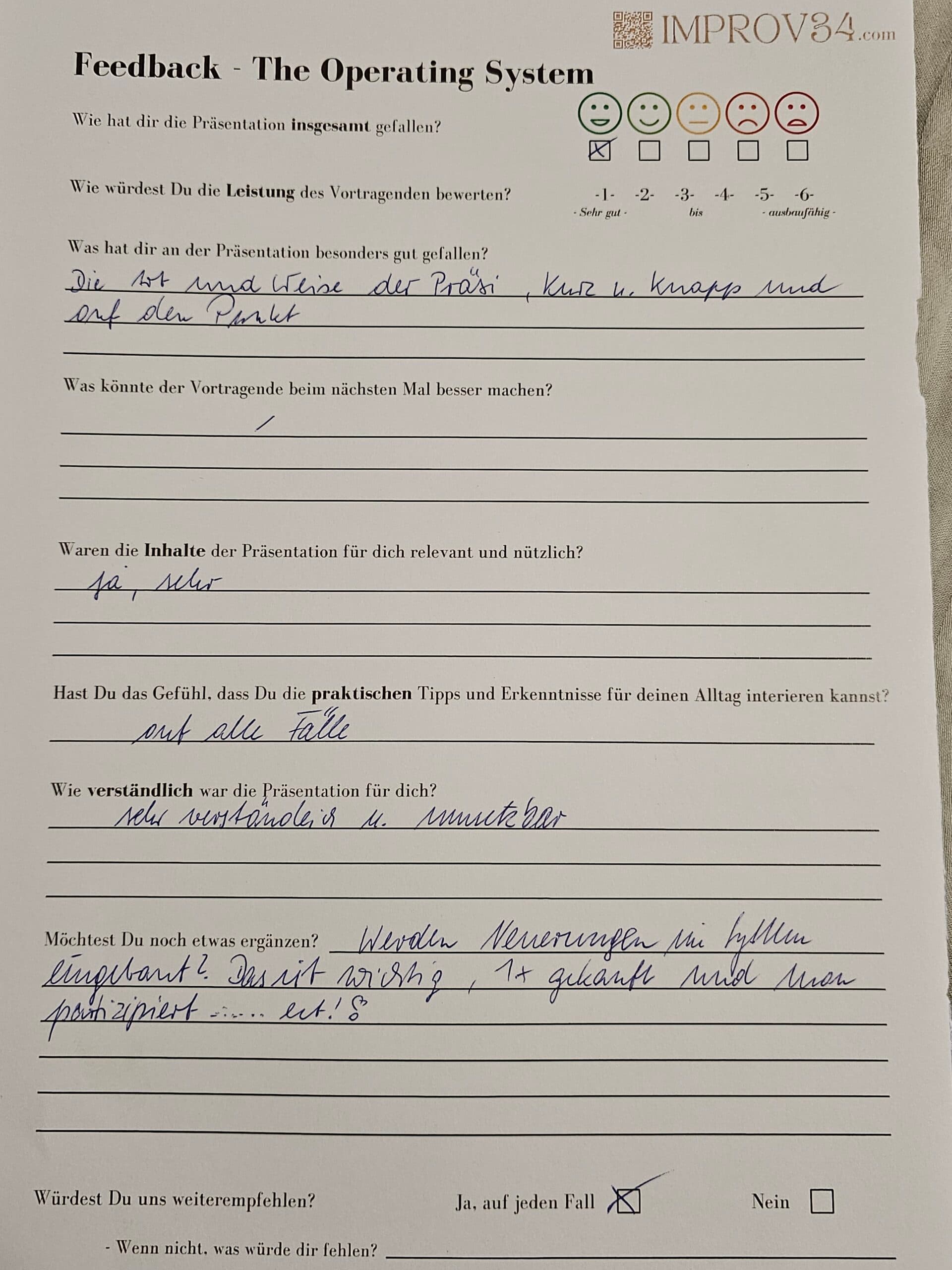 Handschriftlicher Feedback-Zettel aus einem Live-Seminar (2)