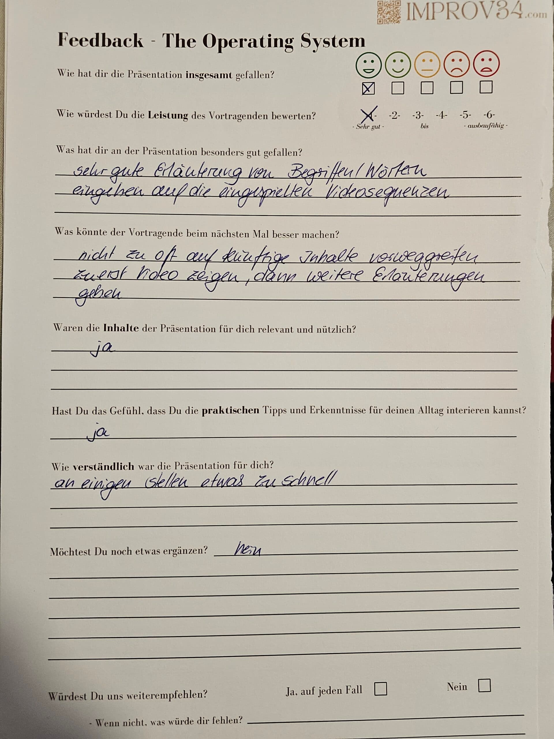 Handschriftlicher Feedback-Zettel aus einem Live-Seminar (3)