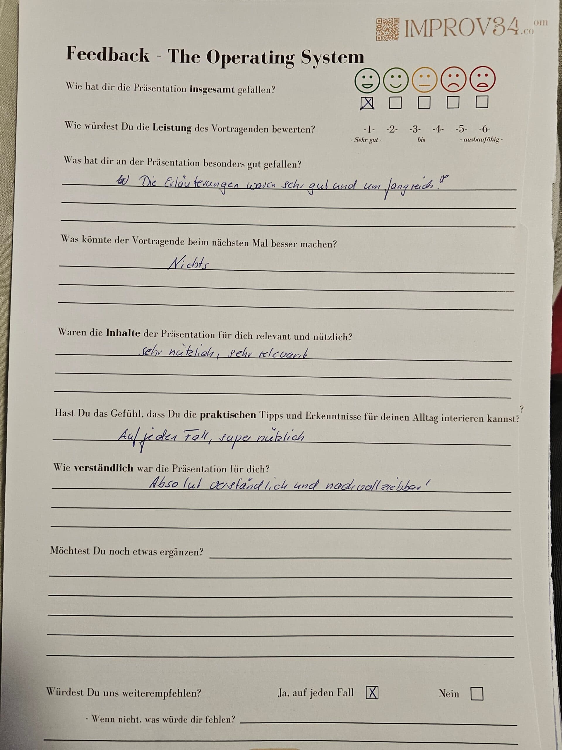 Handschriftlicher Feedback-Zettel aus einem Live-Seminar (5)