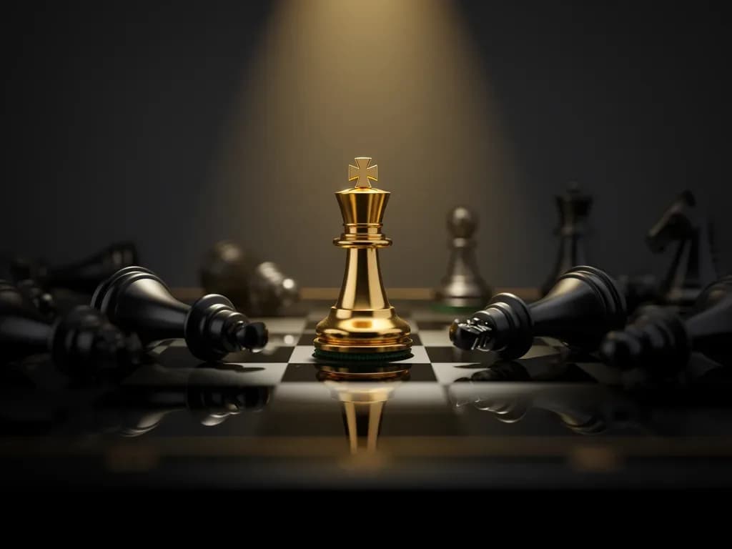 Ein goldener König steht aufrecht, umgeben von gefallenen Figuren — das Ergebnis nach dem Spiel