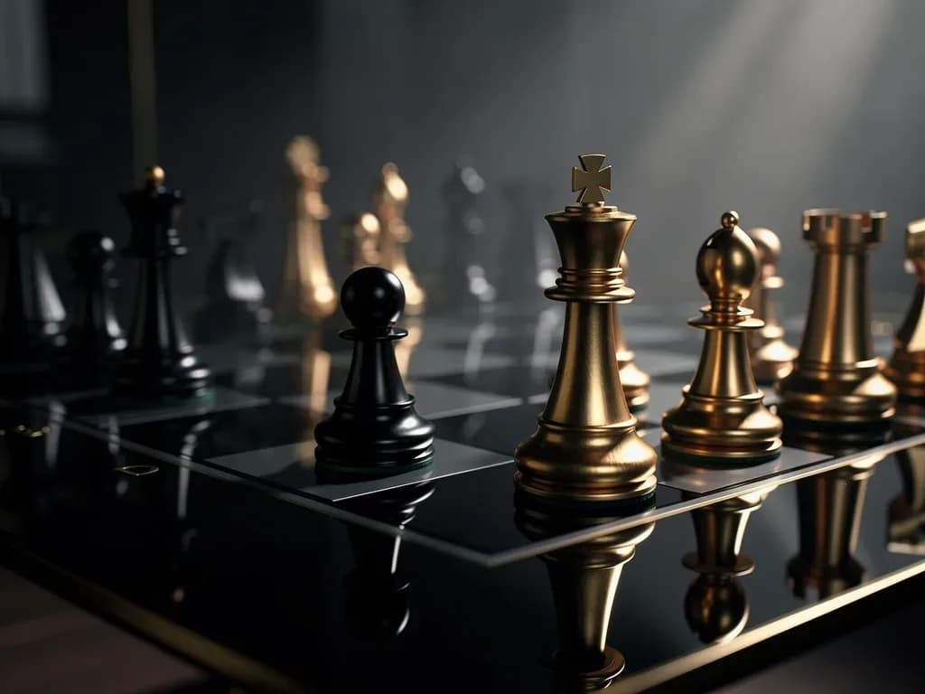 Goldene und schwarze Figuren im dichten Mittelspiel — Handlung in vollem Gang